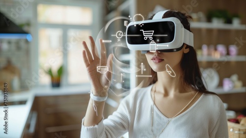 Woman with virtual reality glasses clicks on the shopping cart icon. Online shopping concept in augmented reality glasses
