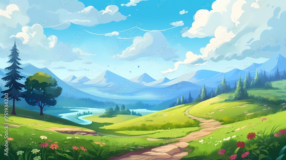 Naklejka premium Beautiful summer landscape vector illustration. generative ai