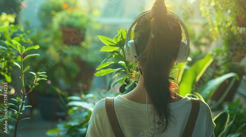 a woman gardening, headphones on, enjoying her favorite tunes generative ai photo