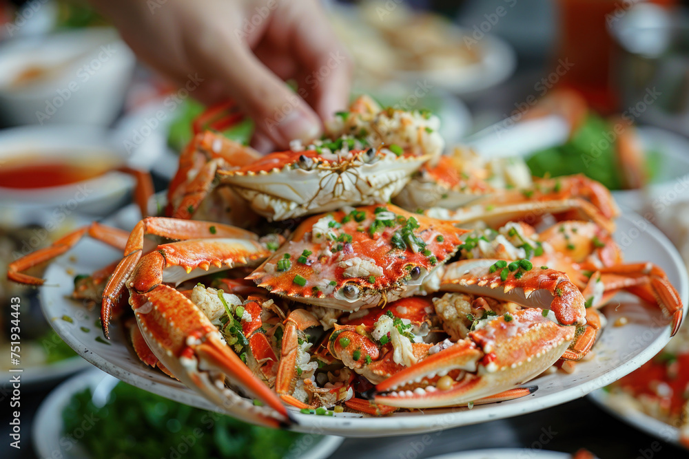 A hand grabbing a crispy crab from a pile, food and culinary A hand grabbing a crispy crab from a pile, food and culinary