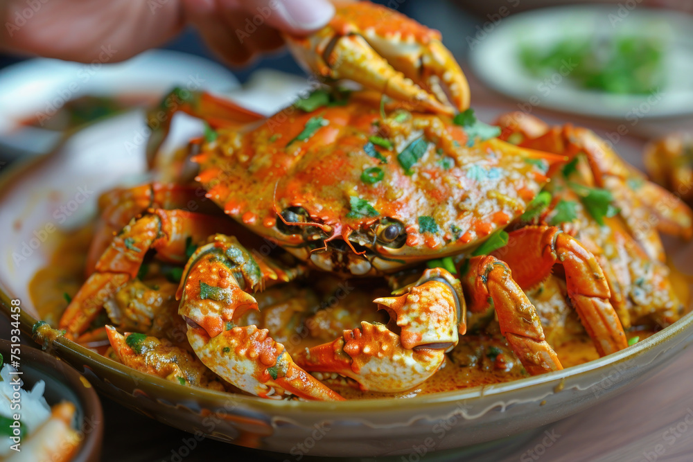 A hand grabbing a curry crab from a pile, food and culinary A hand grabbing a curry crab from a pile, food and culinary
