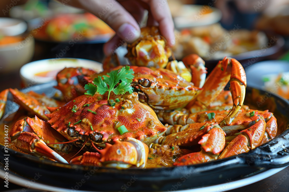 A hand grabbing a curry crab from a pile, food and culinary A hand grabbing a curry crab from a pile, food and culinary