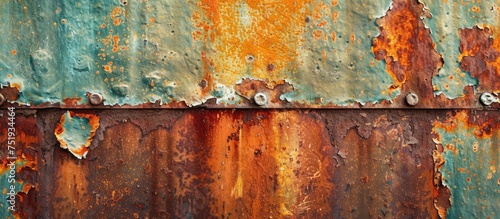 This image showcases a rusted metal surface with peeling paint, revealing layers of age and decay. The iron wall is battered and dirty, giving it a grungy texture. photo