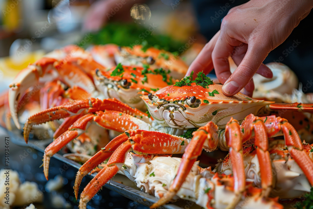 A hand grabbing a snow crab from a pile, food and conservation concept A hand grabbing a snow crab from a pile, food and conservation concept