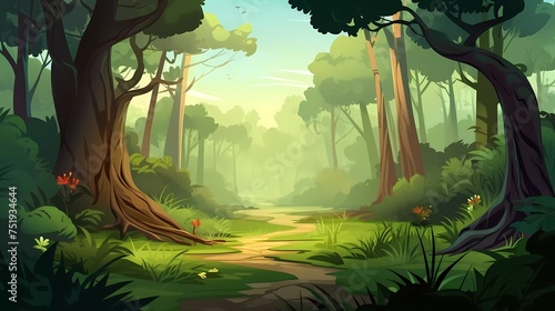 Wild forest with lush grass and trees tropical forest vector illustration