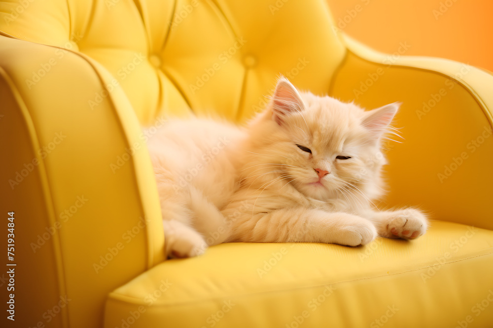 Cute cat relaxing on yellow armchair.