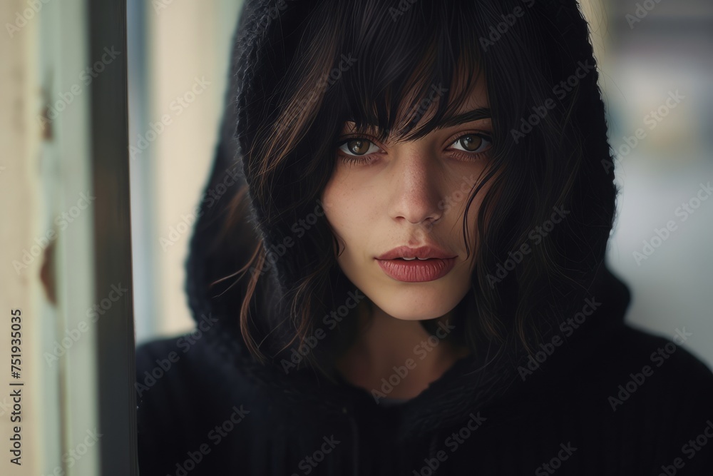 Portrait of a beautiful brunette woman in a black sweater. Portrait of a beautiful brunette woman in a black sweater.