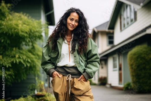 Beautiful young woman with curly hair, wearing green jacket and brown pants, standing in front of her new house