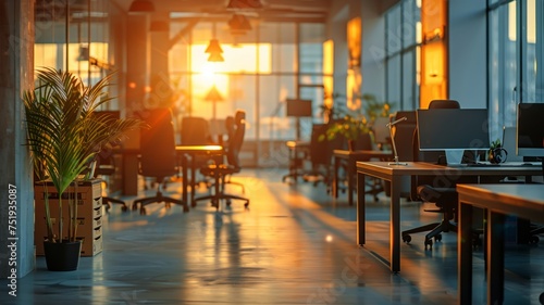 Warm sunset light flooding through a modern office setting creating a serene workspace