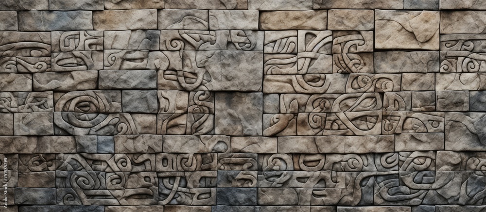 The stone wall is covered in a multitude of intricate carvings, showcasing detailed artistry in the form of various patterns and designs. Each carving adds a unique touch to the overall texture of the The stone wall is covered in a multitude of intricate carvings, showcasing detailed artistry in the form of various patterns and designs. Each carving adds a unique touch to the overall texture of the