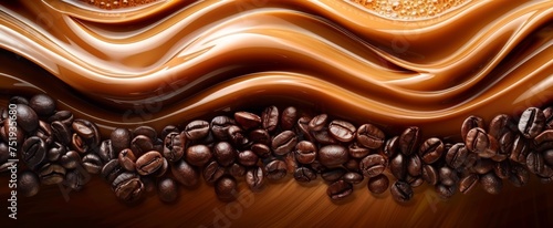 Velvety waves of rich espresso crema flowing over roasted coffee beans, capturing the warm essence and dynamic energy of a freshly brewed gourmet coffee. photo
