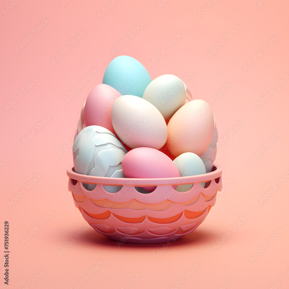 3D Easter eggs in basket on background.