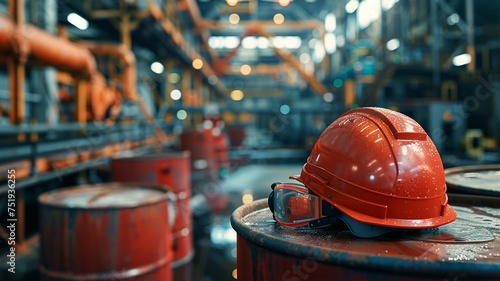 Safety gear on a barrel in an industrial setting with vivid details