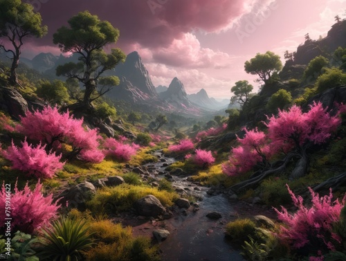 Pink blossoms in serene mountain valley