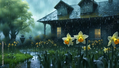 A cottage garden in the spring rain with daffodils. 