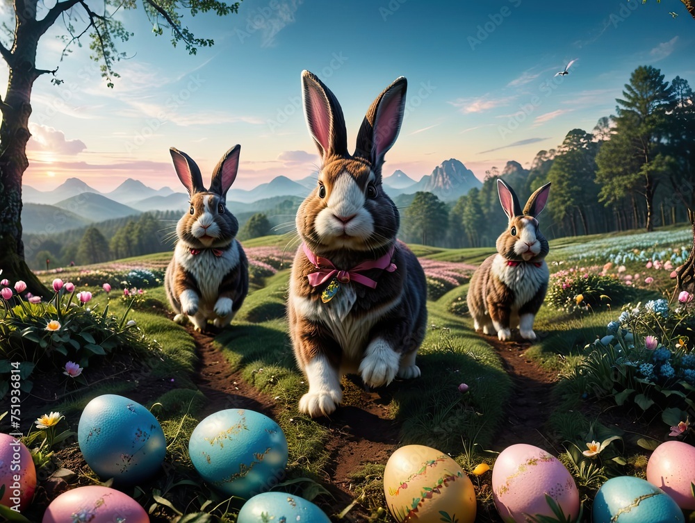 Easter bunnies with eggs in spring landscape - obrazy, fototapety, plakaty 