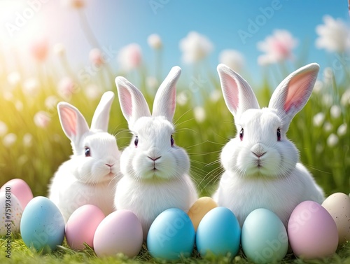 Easter bunnies with colorful eggs on grass