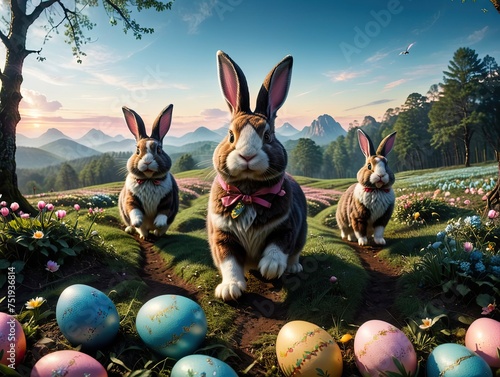 Easter bunnies with eggs in spring landscape