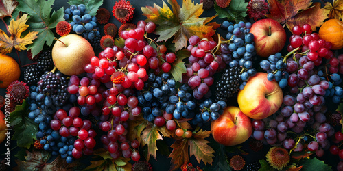 Autumn Harvest Cornucopia. Colourful autumn fruits with leaves arrangement.