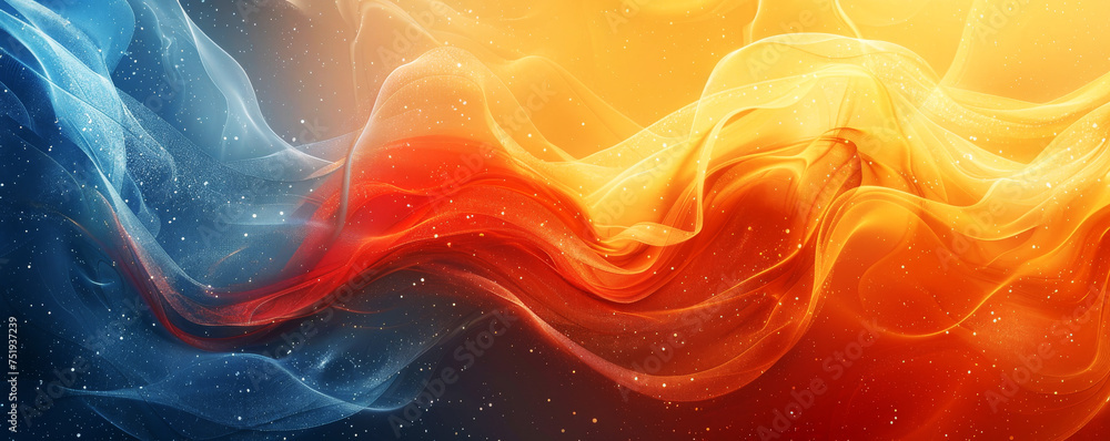 Fototapeta premium Silk Flames and Waves. Silk-like textures blending warm oranges with cool blues in an abstract design.