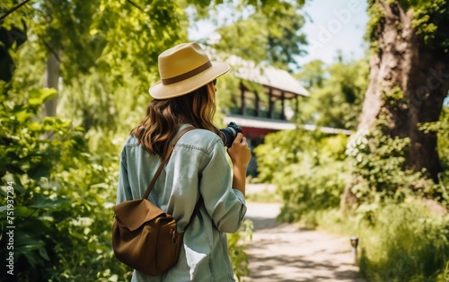 Side view of calm young female tourist in casual summer clothes taking photo of green trees on photo camera