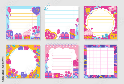 Paper sticky notes, Notepaper Sticker Notepads set with Valentines Day elements. Stationery planning organizer. Sheet list copybook page lined grid and romantic memory drawings. Vector illustration