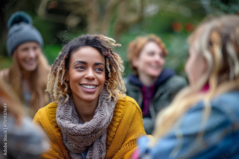 Smiling Young Woman with Dreadlocks Enjoying a Friendly Conversation Outdoors in a Park with Friends Smiling Young Woman with Dreadlocks Enjoying a Friendly Conversation Outdoors in a Park with Friends