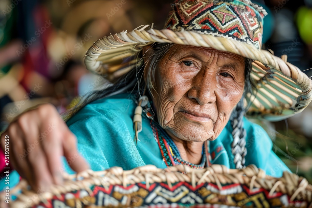 Portrait of an Elderly Indigenous Woman Handcrafting Traditional Woven Items with Focus and Skill