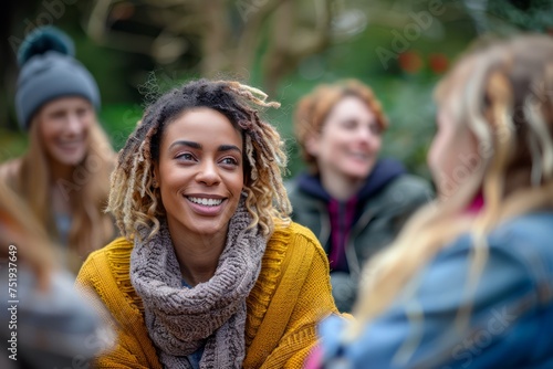 Smiling Young Woman with Dreadlocks Enjoying a Friendly Conversation Outdoors in a Park with Friends