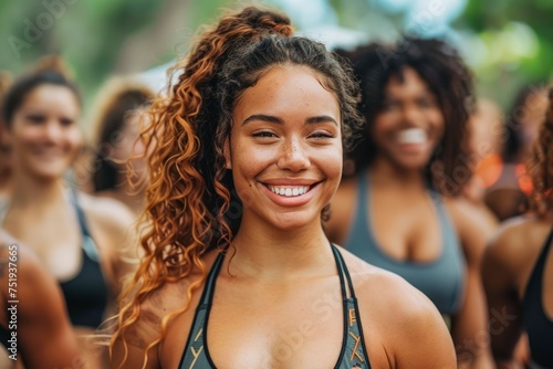 Smiling Young Woman with Curly Hair Enjoying Outdoor Fitness Class with Group of Happy People
