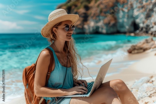 Young Female Freelancer Working on Laptop at Tropical Beach, Remote Work Concept, Digital Nomad Lifestyle, Summer Vacation