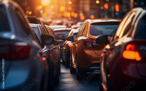 cars in a big traffic jam. Back view. Blurred background. generative ai © munja02