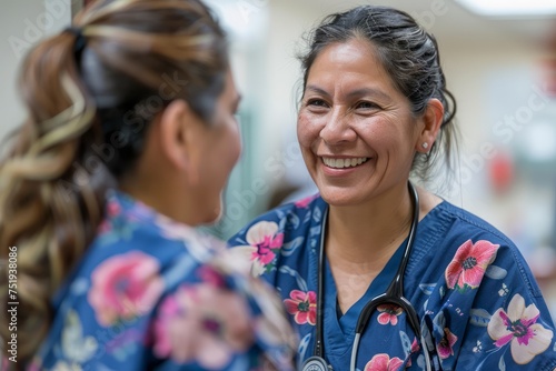 Smiling Female Healthcare Professional in Floral Scrubs Sharing a Joyful Moment with Colleague in Hospital Corridor © pisan