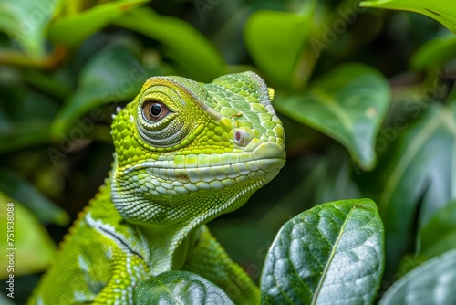 Close-Up Portrait of a Green Iguana Among Lush Foliage with Vivid Textures and Details photo