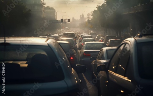 cars in a big traffic jam. Back view. Blurred background. generative ai