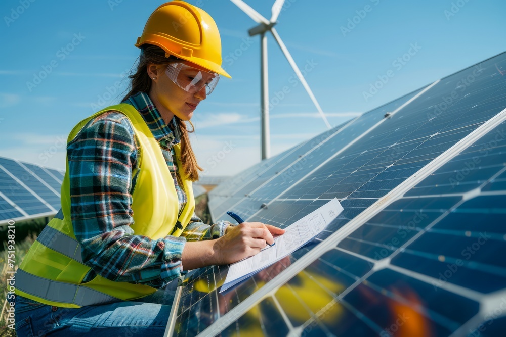 Female Engineer Inspecting Solar Panels with Clipboard at Renewable Energy Farm on Sunny Day Female Engineer Inspecting Solar Panels with Clipboard at Renewable Energy Farm on Sunny Day