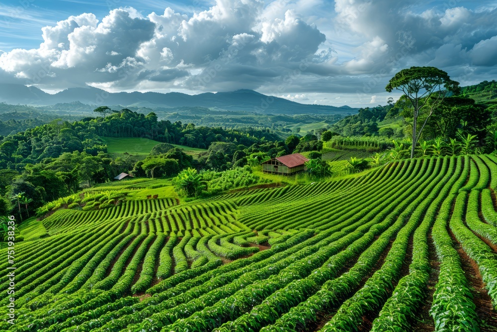 Breathtaking Landscape View of Lush Green Tea Plantation on Rolling Hills with Rustic House Under Cloudy Sky