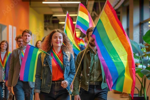 Diverse Group of People Marching Proudly in LGBTQ+ Pride Parade with Colorful Rainbow Flags Indoors
