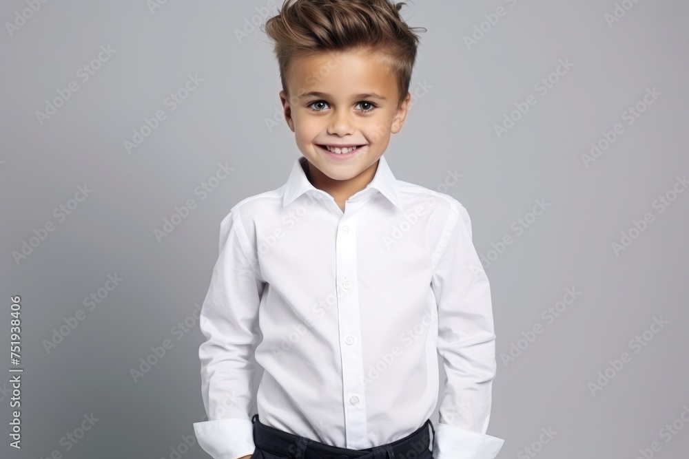 Portrait of a cute little boy in a white shirt and black trousers. Portrait of a cute little boy in a white shirt and black trousers.