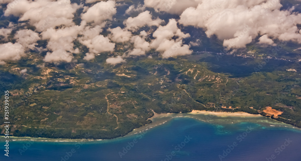 aerial view of the island and blue sea