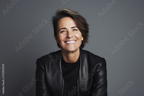 Portrait of happy middle aged woman laughing and looking at camera.