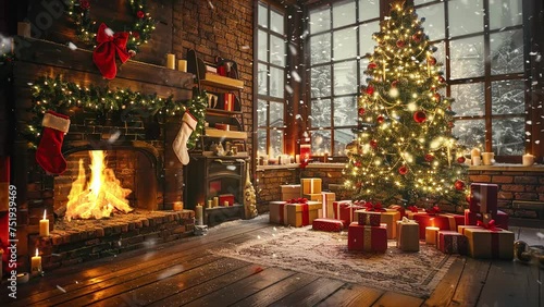 christmas interior with tree presents and fireplace. seamless looping overlay 4k virtual video animation background