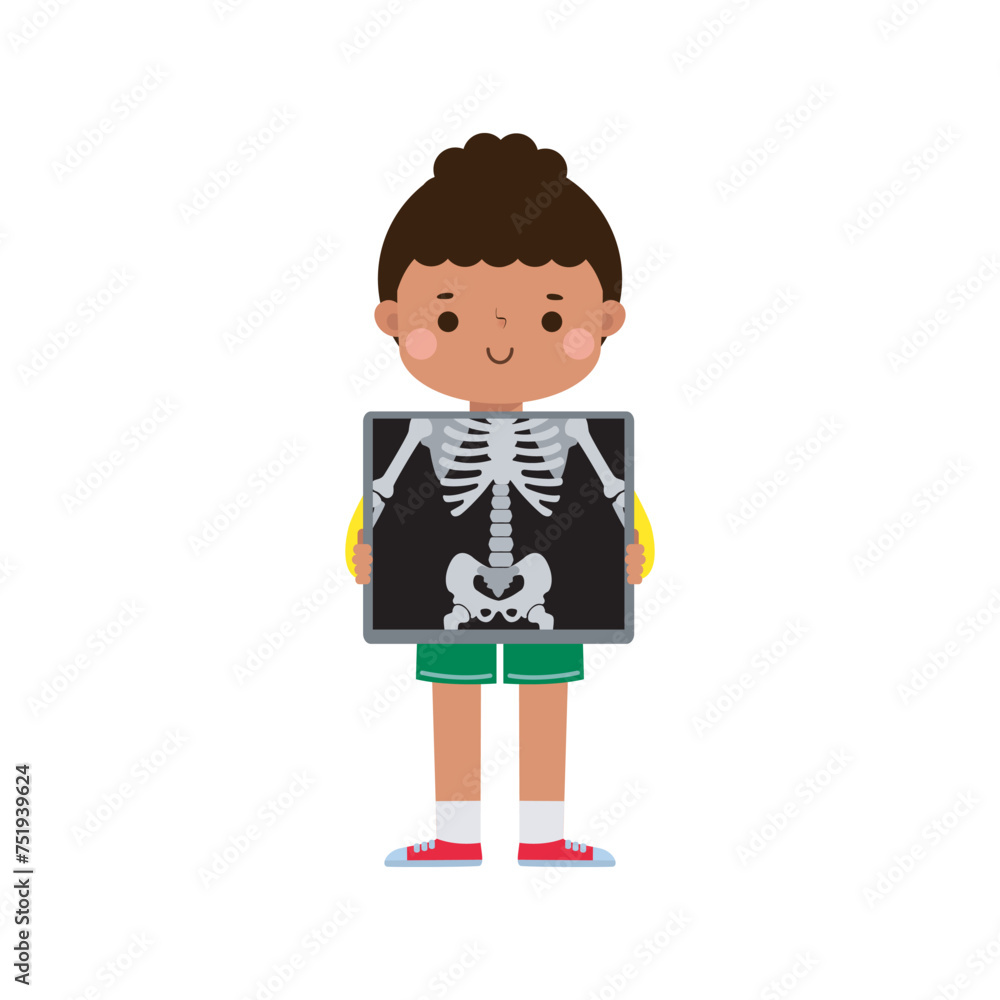 cute cartoon african american child with x-ray screen showing internal organs and skeleton. x ray check bones kid, Element of infographics for kid Vector illustration isolated on white background cute cartoon african american child with x-ray screen showing internal organs and skeleton. x ray check bones kid, Element of infographics for kid Vector illustration isolated on white background