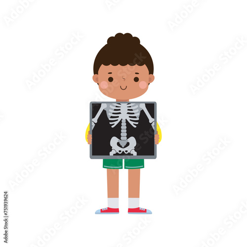 cute cartoon african american child with x-ray screen showing internal organs and skeleton. x ray check bones kid, Element of infographics for kid Vector illustration isolated on white background
