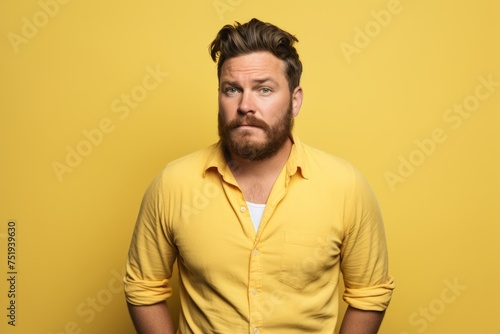 Portrait of a bearded man in a yellow shirt on a yellow background © Iigo