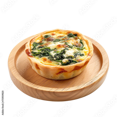 Wallpaper Mural Extreme front view of a cheesy spinach and ricotta mini quiche on a wooden tray plate isolated on a white Transparent background Torontodigital.ca
