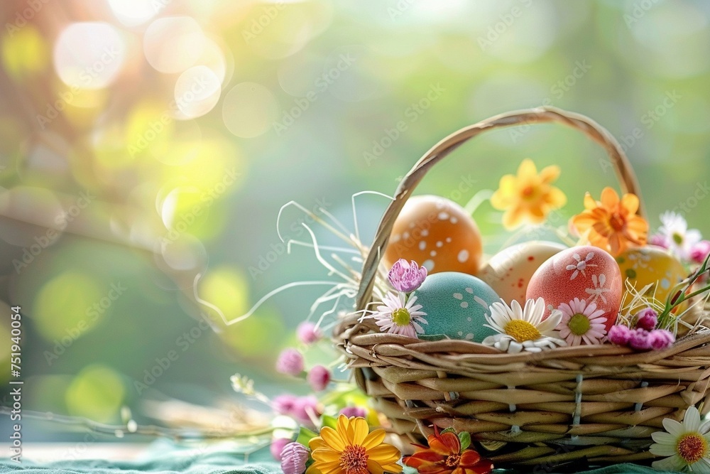 Easter eggs in a basket with flowers Easter eggs in a basket with flowers