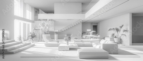 interior of a modern house. All designs completed using monochromatic tones.