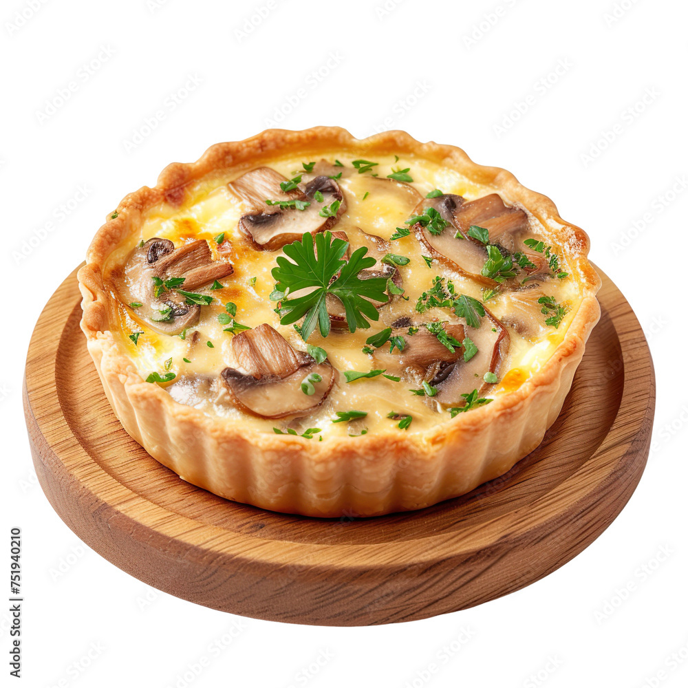 Extreme front view of a flavorful mushroom and Swiss mini quiche on a wooden tray plate isolated on a white Transparent background Extreme front view of a flavorful mushroom and Swiss mini quiche on a wooden tray plate isolated on a white Transparent background
