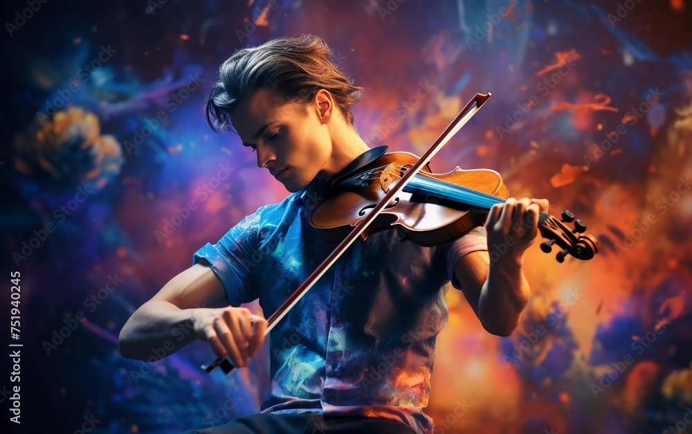 young man playing violin against concert background. generative ai